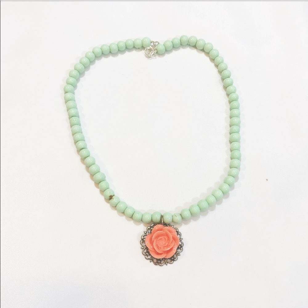 MINT GREEN & CORAL ROSE NECKLACE